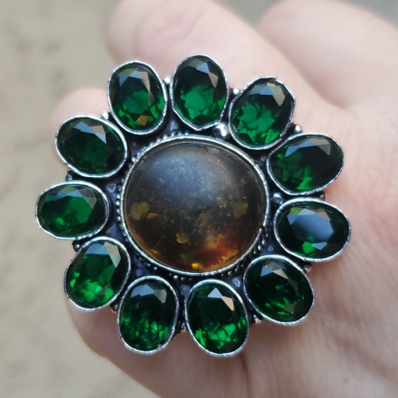 New Stunning Amber & Diopside 925 Silver Statement Ring. - Picture 7 of 15